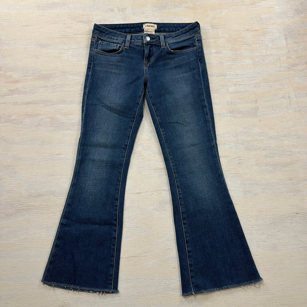 L'AGENCE Jeans Elysee Low Rise Flare 24 Raw Hem Blue Denim Women